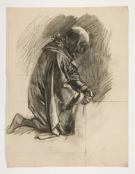 Figurální studie pro sira Lancelota a sira Borse vybavila Galahad svými ostruhami, z The Quest of the Holy Grail (druhý ze série patnácti obrazů pro Boston Public Library, dokončený v roce 1901)