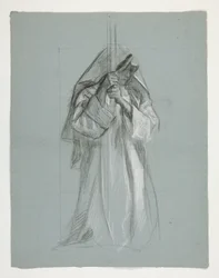 Figurální studie pro sira Lancelota a sira Borse vybavila Galahad svými ostruhami, z The Quest of the Holy Grail (druhý ze série patnácti obrazů pro Boston Public Library, dokončený v roce 1901)