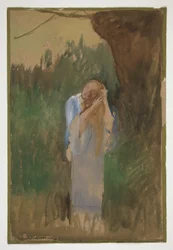 Žena v krajině, česající si dlouhé blond vlasy - (neidentifikovaná ilustrace)