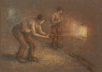 Dva topiče u pece (pastel a dřevěné uhlí na papíře)
