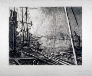 Pool of London z Rotherhithe, s loděmi v popředí, c1890.