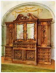 Vyřezávaná uzavřená mahagonová knihovna, styl Chippendale, francouzský vliv, 1911-1912.