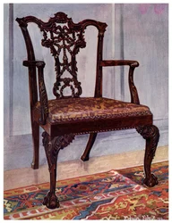 Mahagonové křeslo, styl Chippendale, 1911-1912.