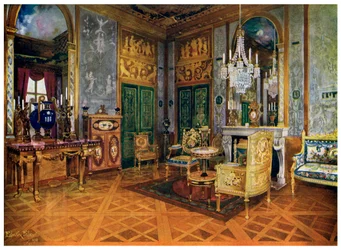 Hudební pokoj Marie Antoinetty, ložnice, palác Fontainebleau, Francie, 1911-1912.