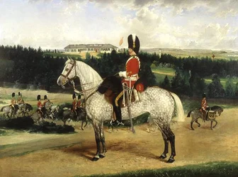 Seržant eskadry, konvice-bubeník a oddíl Scots Grays