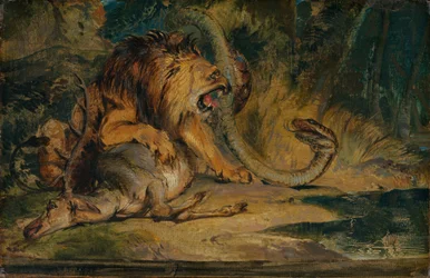 Lev bránící svou kořist, c. 1840.