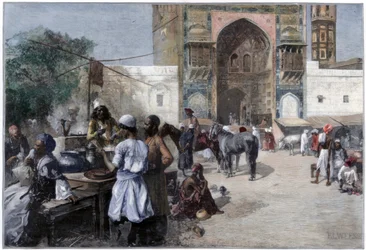 Restaurace pod širým nebem v Lahore, Indie, 1880.