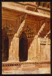 Kuriózně tepané oblouky z červeného pískovce, Fort Agra, Indie, cca 1885-95