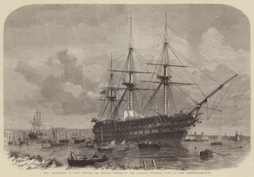 HMS Agamemnon, 91 Guns, přepravující anglickou část atlantického podmořského kabelu ve východním Greenwichi