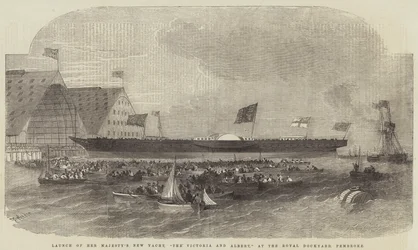 Start nové jachty Jejího Veličenstva, Victoria and Albert, v Royal Dockyard, Pembroke
