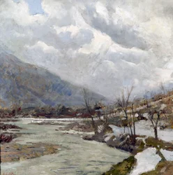 Sluneční paprsek, obraz Egidio Riva (1866-1946), olej na plátně, 74x74 cm, Itálie, 20. stol.