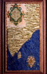 Mapa Indie vytvořená Egnaziem Dantim (1536-1586), italským matematikem, kosmografem a architektem. Kolem roku 1567. Florencie, Palazzo Vecchio, Sala del Mappamondo