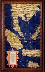Indonésie: Sumatra, Malakka, Borneo, Jáva. Mapa vytvořená Egnaziem Dantim (1536-1586), italským matematikem, kosmografem a architektem. Kolem roku 1567. Florencie, Palazzo Vecchio, Sala del Mappamondo