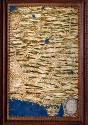 Sogdiana, území zahrnující část Uzbekistánu, Tádžikistánu a Afghánistánu. Mapa vytvořená Egnaziem Dantim (1536-1586), matematikem, kosmografem a italským architektem. Kolem roku 1567. Florencie, Palazzo Vecchio, Sala del Mappamondo