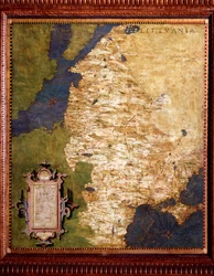 Livonsko u Baltského moře a Litva. Mapa Egnazia Dantiho (1536-1586), italského matematika, kosmografa a architekta. Kolem roku 1567. Florencie, Palazzo Vecchio, Sala del Mappamondo