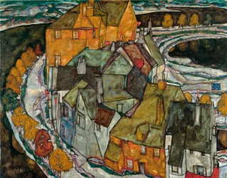 Crescent of Houses II (Island City) - Malba Egona Schieleho (1890-1918), olej na plátně