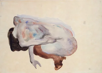 Dřepící akt v botách a černých punčochách, pohled zezadu, 1912