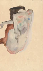 Dřepící akt v botách a černých punčochách, pohled zezadu, 1912