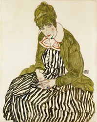 Edith Schiele v pruhovaných šatech, sedící. Dílo Egona Schieleho (1890-1918), tužka a kvaš na papíře