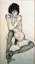 Sedící ženský akt, akvarelová kresba Egona Schieleho (1890-1918), 1914, rozměry 48,3 x 32 cm, Vídeň, Graphische Sammlung Albertina