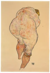 Ženský akt vytahování punčoch, pohled zezadu, 1918