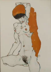 Ženský akt s oranžovo-červenou látkou, 1914