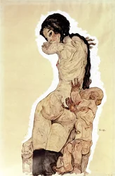 Matka a dítě. (Matka a dítě). Dílo Egona Schieleho (1890-1918), akvarel a kvaš na papíře