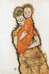 Matka a dítě - Schiele, Egon (1890-1918) - 1914 - Černá křída, Kvaš na papíře - 48,2x31,9 - Leopold Museum, Vídeň