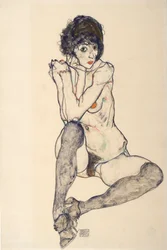 Sedící ženský akt, lokty opřené o pravé koleno, 1914