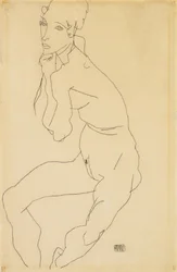 Sedící ženský akt s rukou na bradě, 1914