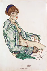Sedící poloakt s modrou čelenkou do vlasů - Schiele, Egon (1890-1918) - 1914 - Černá křída, kvaš na papíře - 47,4x31,3 - Leopold Museum, Vídeň
