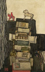 Zátiší s knihami Schielesův stůl, 1914