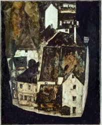 Tote Stadt III (Stadt am blauen Fluss III) [Mrtvé město Iii (Město na Modré řece III)], ... (olej a kvaš na dřevě)