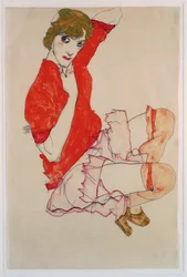 Wally in roter Bluse mit erhobenen Knien (kvaš, akvarel a tužka)