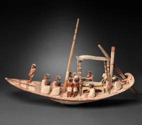 Model plachetnice přepravující mumii, cca 1900–1885 př. n. l. (dřevo, barva)