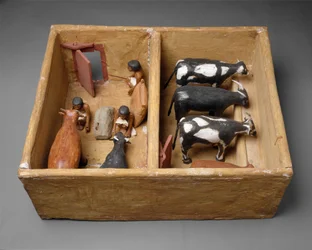 Model stáje pro dobytek z hrobky Meketre, kolem 1981–1975 před naším letopočtem. (omítnuté a natřené dřevo, gesso)