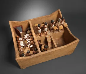 Model sýpky s písaři z hrobky Meketre, kolem 1981–1975 př. (dřevo, sádra, barva, len, obilí)