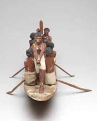 Model plachetnice z hrobky v Khety (Beni Hasan) Střední říše, cca 2010 př. n. l. - 1950 př. n. l. (malované dřevo a plátno)
