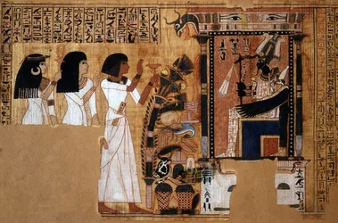 Kniha mrtvých písaře Nebqeda, detail zesnulého před Osirisem, Nová říše, cca 1400 př. n. l. (papyrus)