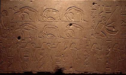 Egyptský starověk: detail ryté fresky zobrazující tanečníky, hadí hady a hudebníky. Období královny Hatšepsut (Hatšepsut) 18. dynastie. Luxor, Egyptské muzeum umění
