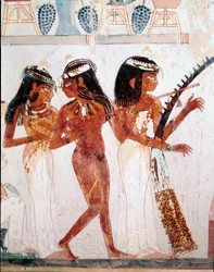 Egyptské starověké umění: hudebníci. Hrobka Nachtova. 18. dynastie. 1410 př. n. l. Nekropole v Gournahu (Sheikh Abd al-Gournah), Egypt