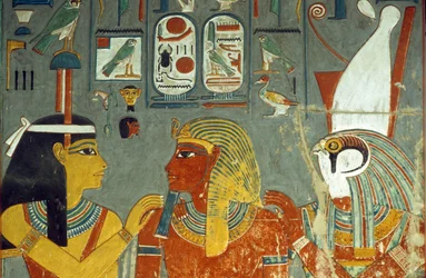 Hor, Horemheb a Hathor, z hrobky Horemheb (asi 1323-1295 př. n. l.) Nová říše (nástěnná malba)