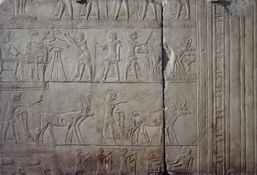 Faraon Horemheb, zobrazený při zemědělských pracích na polích Iaru, přijímající úrodu nabízenou zemědělci, vápencový nástěnný reliéf, z Horemhebovy memfické hrobky v Sakkáře, Egyptská civilizace, Nová říše, dynastie XVIII