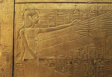 Reliéf na zadním vnějším panelu druhé pohřební kaple, Tutanchamonova pokladnice, Egypt, Egyptská civilizace, Nová říše, Dynastie XVIII