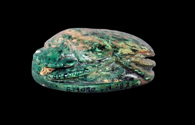 Boční pohled na svatebního skarabea Amenhotepa III. (asi 1417-1379 př. n. l.) a královny Tiye, Nová říše, asi 1391-1353 př. n. l.