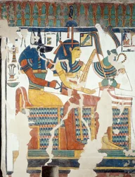 Anubis, Osiris a Nefertari, z druhé komory hrobky Nefertari, detail (freska)