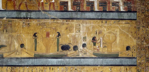 Lodě se sistrum, bohyně a skarabeus, bůh s pštrosím perem a měsícem na krabici, freska z velké Hypostyle Hall of Tomb of Seti I, Údolí králů, Luxor, Théby (Unesco Unesco