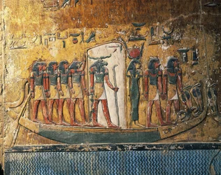 Egypt, Luxor, starověké Théby, Údolí králů, hrobka Setiho I., fresky zobrazující sluneční loď s bohem s beraní hlavou