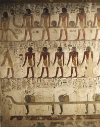 Egypt, Luxor, Údolí králů, hrobka Setiho I., reliéf s malovanými výjevy z Knihy bran