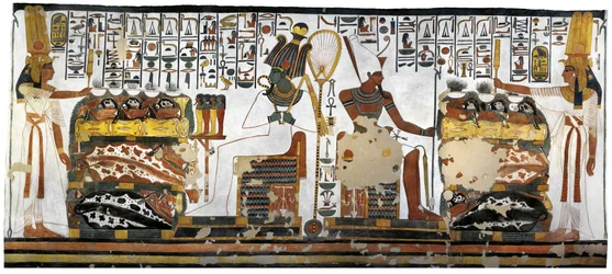 Egypt, Théby, Luxor, Údolí královen, Hrobka Nefertari, Příloha k předsíni, Nástěnné malby, Oběť královny před Osirisem a Atumem